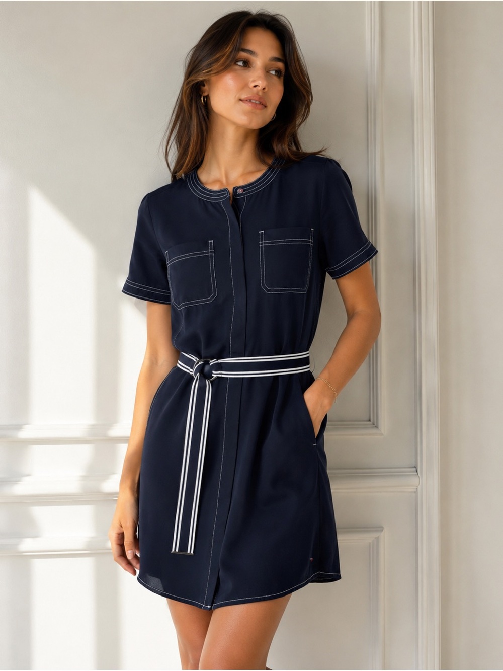 Tommy Hilfiger Navy Short-Sleeve Shirt Dress with Striped Belt